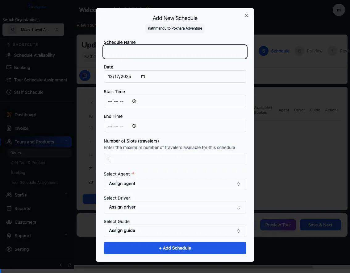 Create Tour Product: Step 5 - Schedule Management animated demonstration